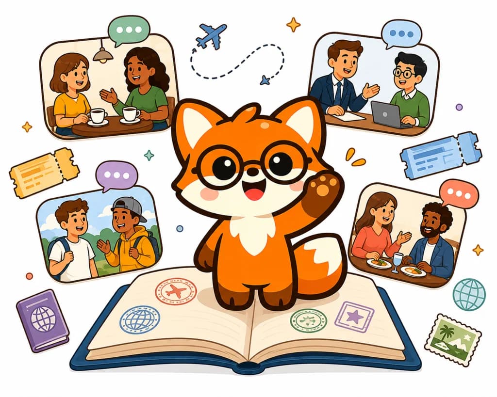 Vulpi fox surrounded by real conversation scenes